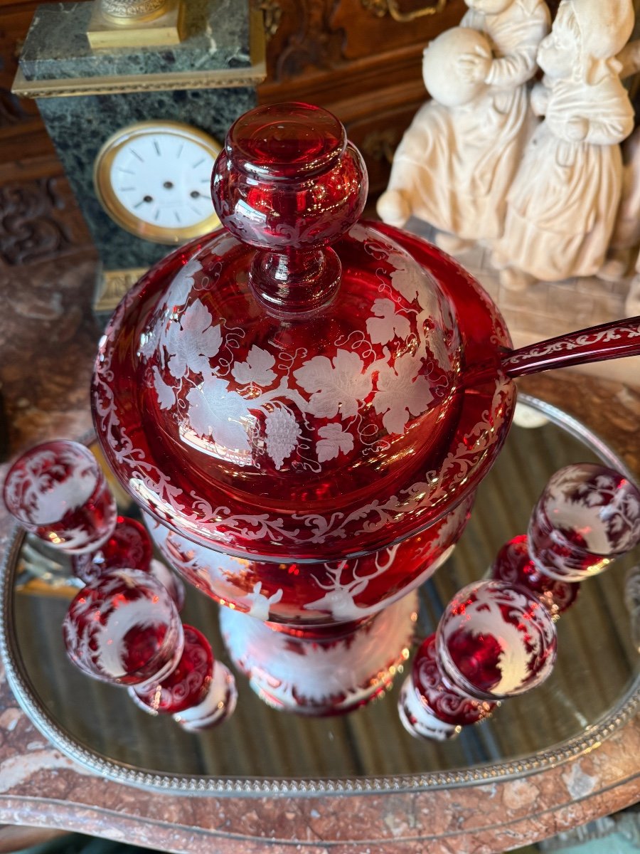 Red And White Bohemian Crystal Punch Service, 20th Century -photo-1