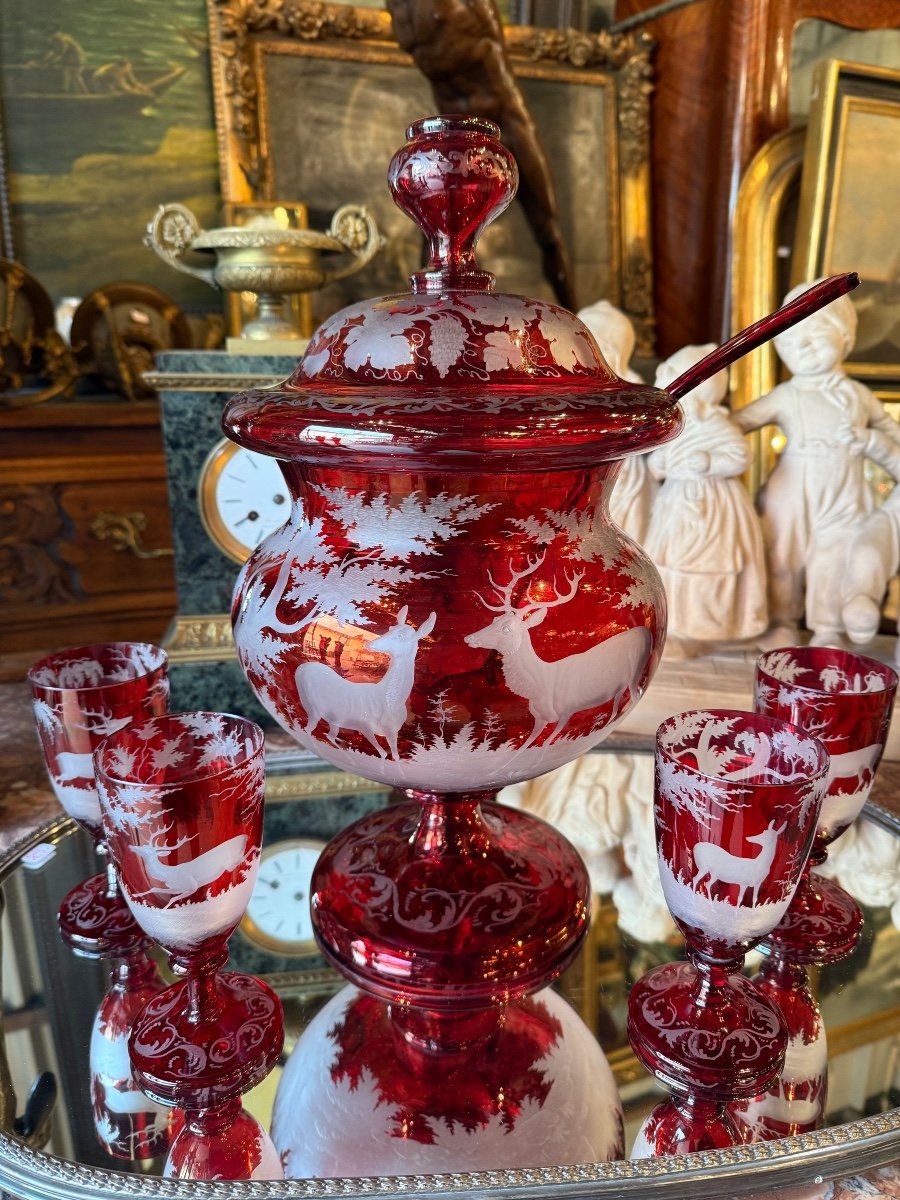 Red And White Bohemian Crystal Punch Service, 20th Century 