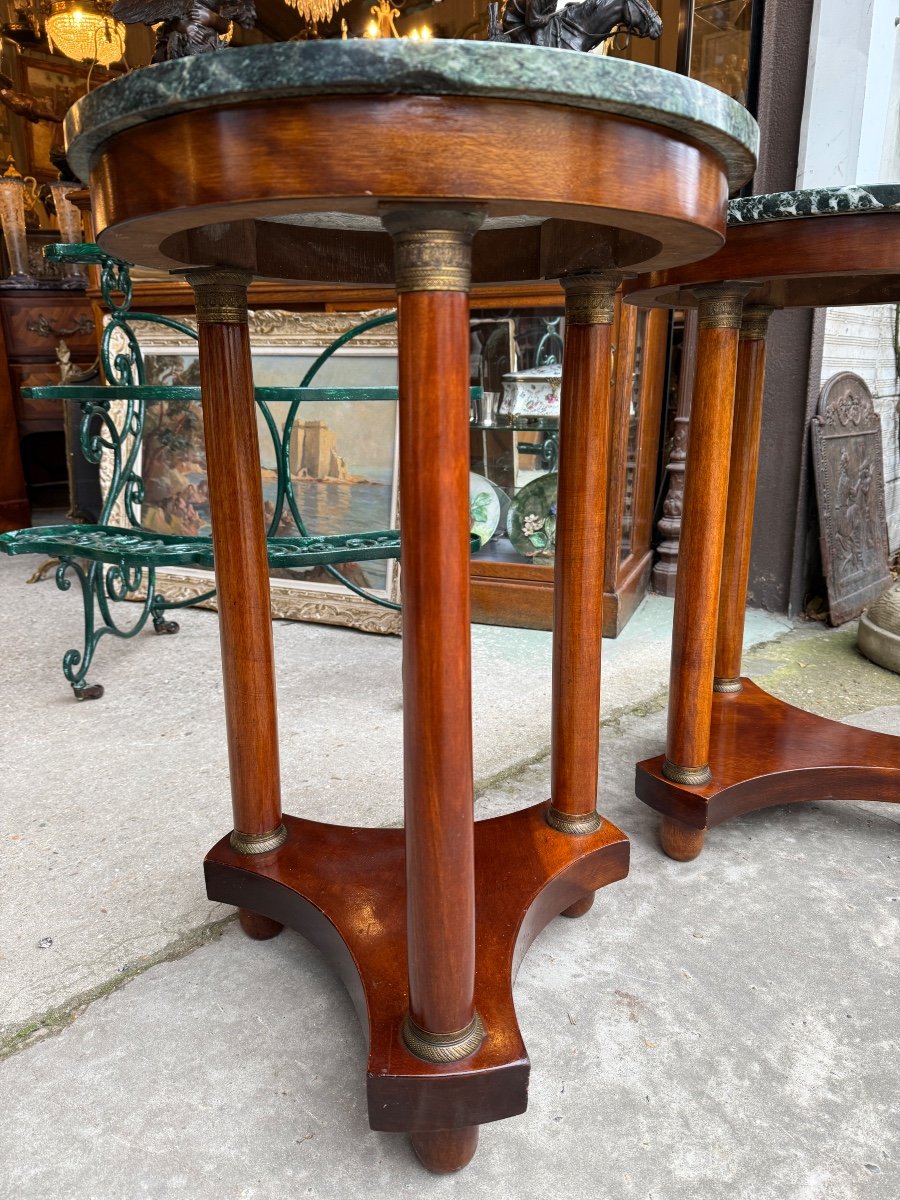 Pair Of Round Mahogany Gueridons, Empire Style, Green Marble Top -photo-2