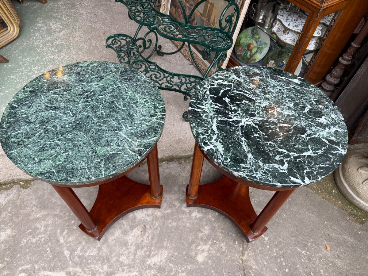 Pair Of Round Mahogany Gueridons, Empire Style, Green Marble Top -photo-3