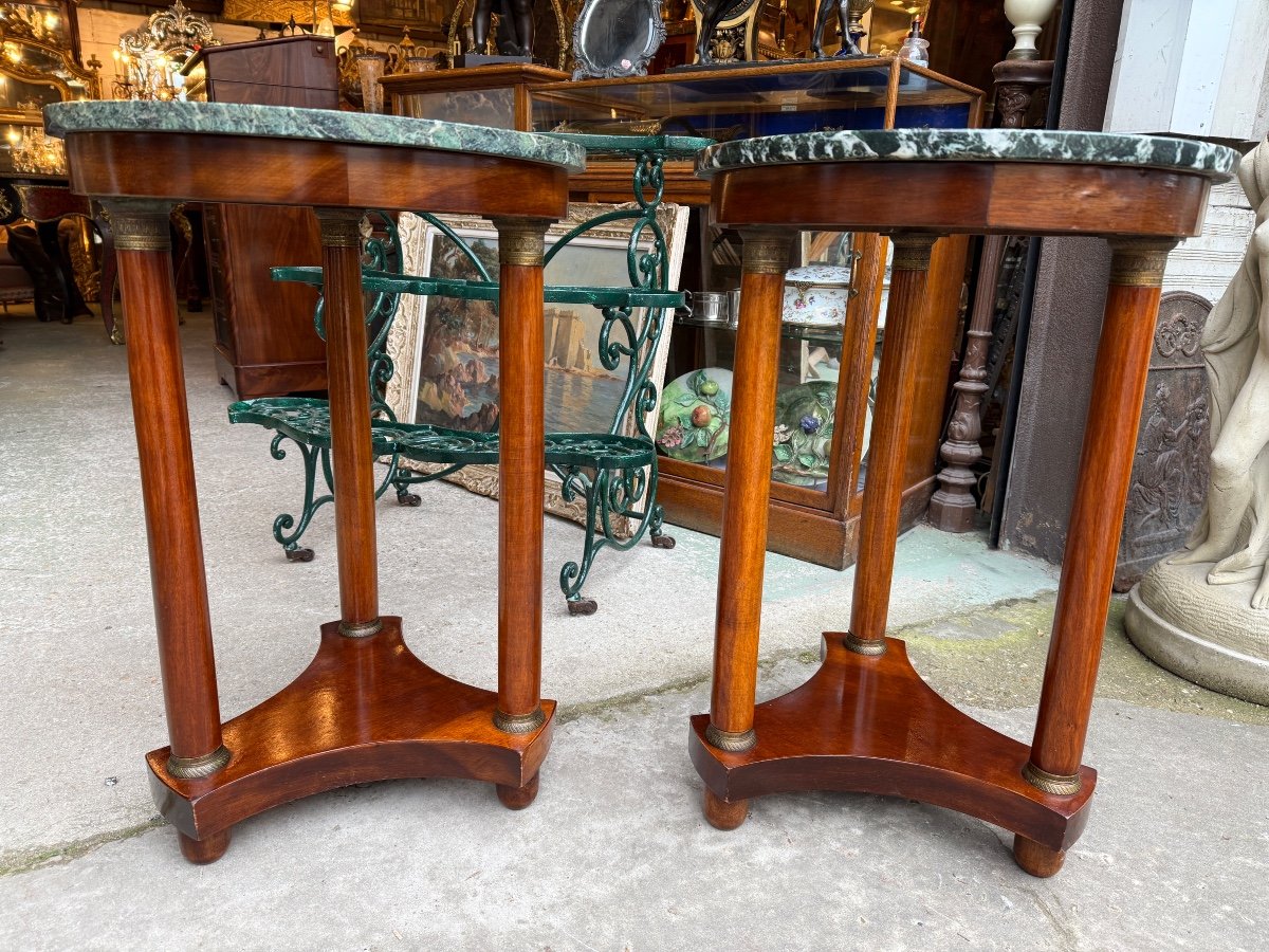 Pair Of Round Mahogany Gueridons, Empire Style, Green Marble Top -photo-4