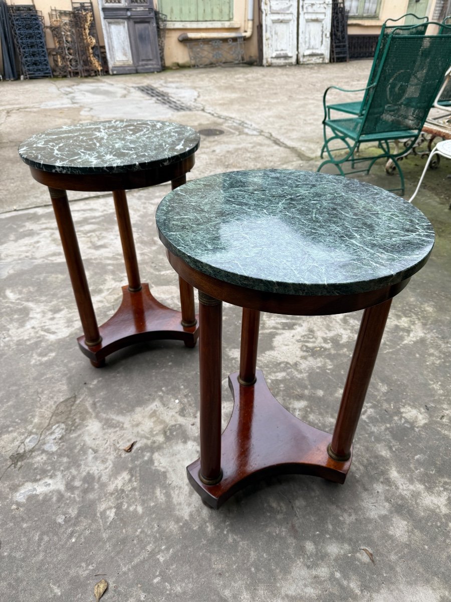 Pair Of Round Mahogany Gueridons, Empire Style, Green Marble Top -photo-1