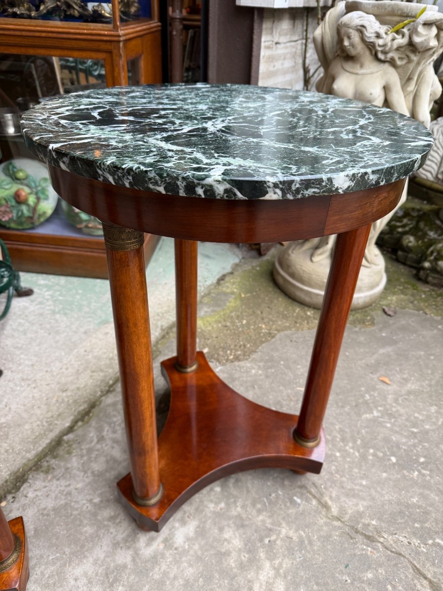 Pair Of Round Mahogany Gueridons, Empire Style, Green Marble Top -photo-2