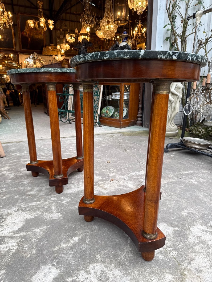 Pair Of Round Mahogany Gueridons, Empire Style, Green Marble Top -photo-6