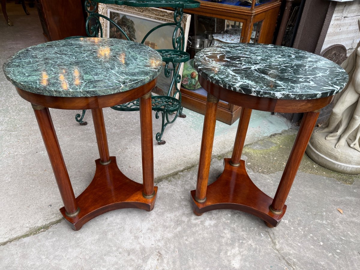 Pair Of Round Mahogany Gueridons, Empire Style, Green Marble Top 