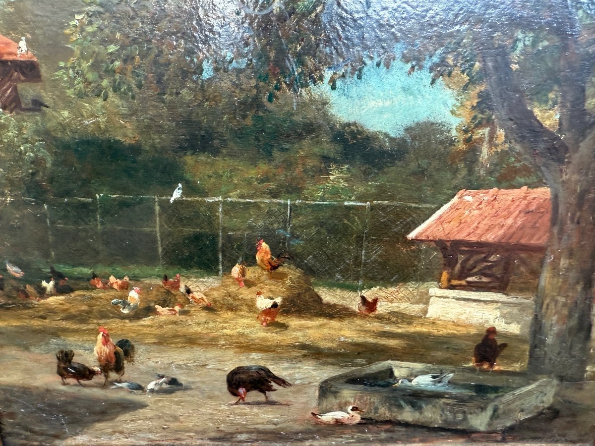 Huile Sur Panneau XIXème, Scène De Basse Cour Signée, Poules, Canards, Ferme, Campagne…-photo-4