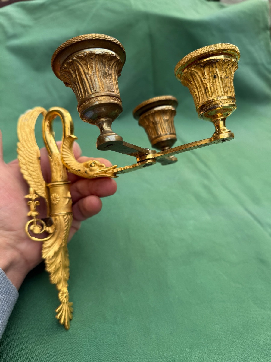 Pair Of Empire Period Wall Lights In Gilt Bronze With Swan Necks -photo-1