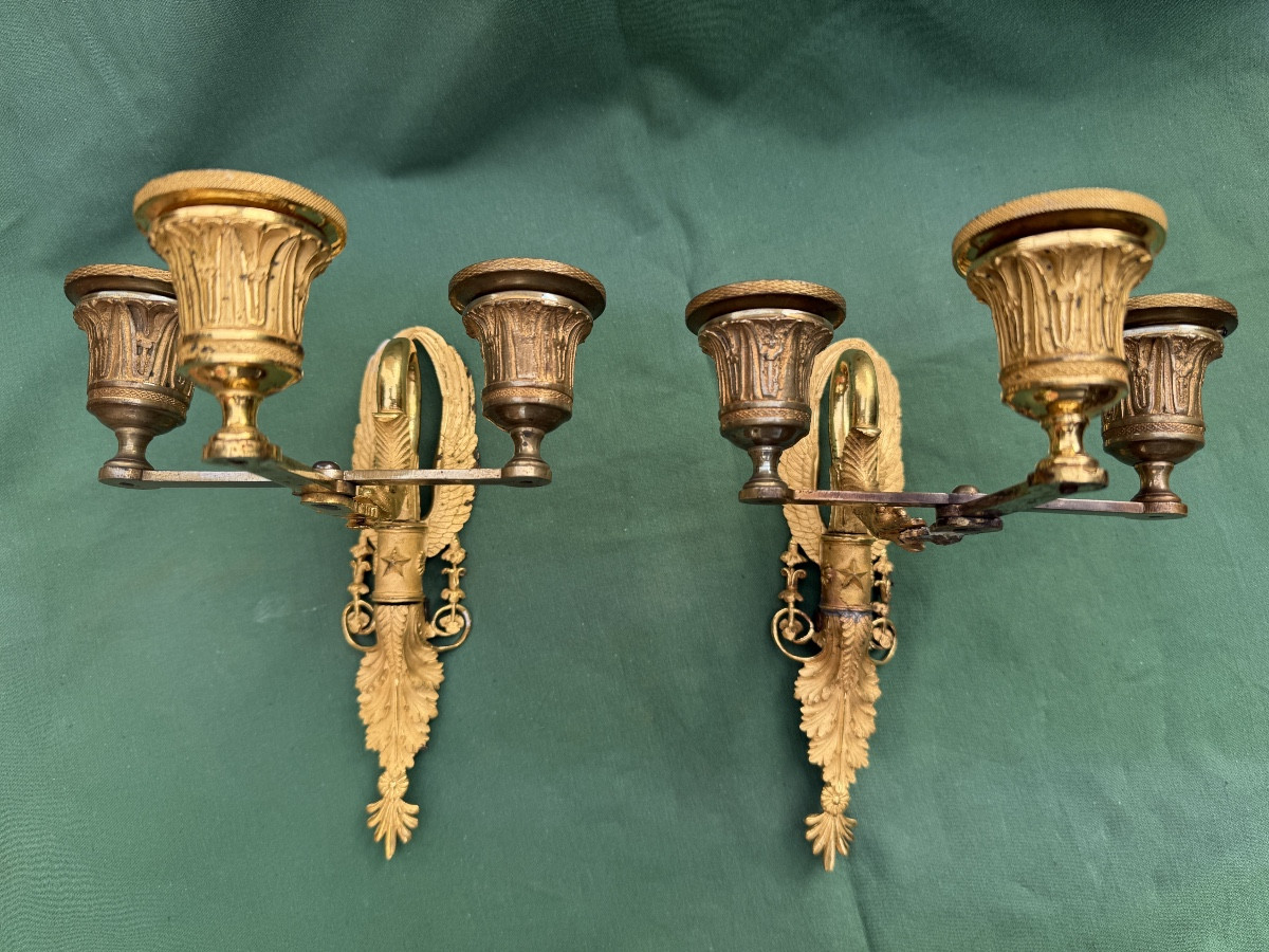 Pair Of Empire Period Wall Lights In Gilt Bronze With Swan Necks 