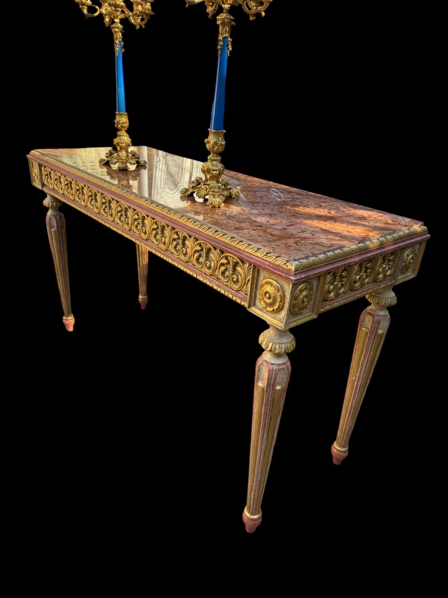 Italian Louis XVI Style Console, In Lacquered Wood, Carved 20th Century, Red Marble Top.-photo-2