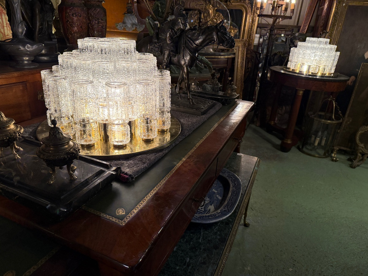 Pair Of Limburg Ceiling Lights In Glass And Gold Metal, 1970s Design-photo-2