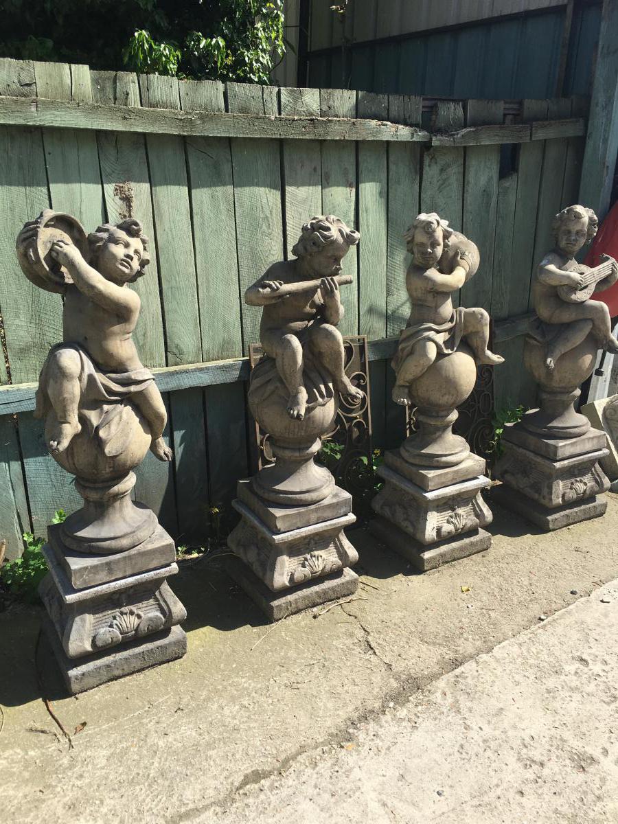 Ensemble De 4 Anges / Puttis Musiciens Sur Socles, Statues De Jardin...-photo-4