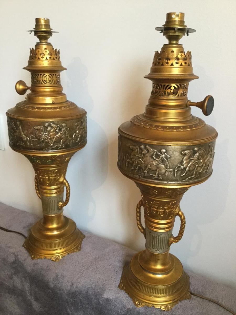 Pair Of Oil Lamps In Bronze Nineteenth, Empire / Neoclassical Style-photo-3