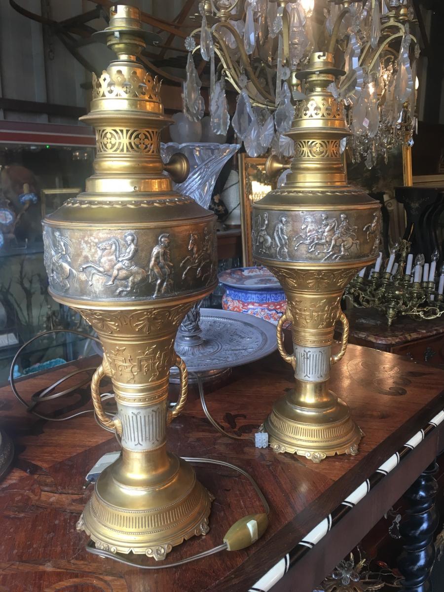 Pair Of Oil Lamps In Bronze Nineteenth, Empire / Neoclassical Style-photo-6