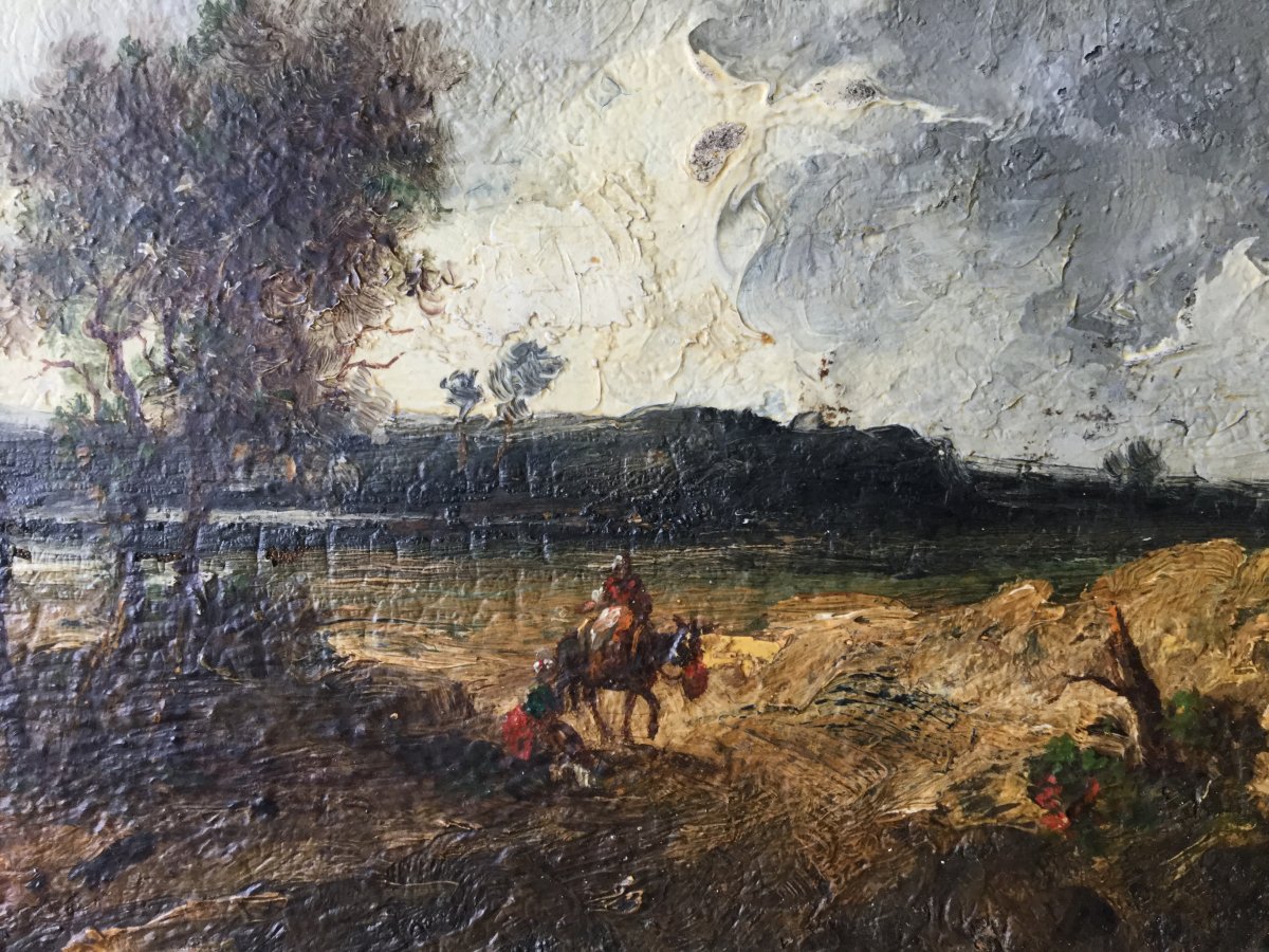 Oil On Wood, Countryside Landscape Early 1900, Donkey, Farmer ...-photo-3