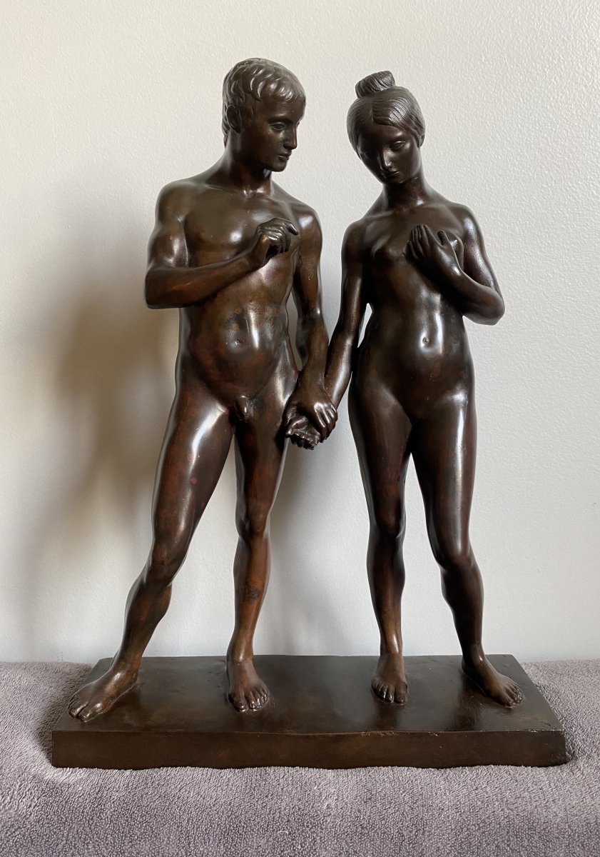 Adam And Eve, Human Couple, Old Bronze Signed Márk Vedres (1870-1961)