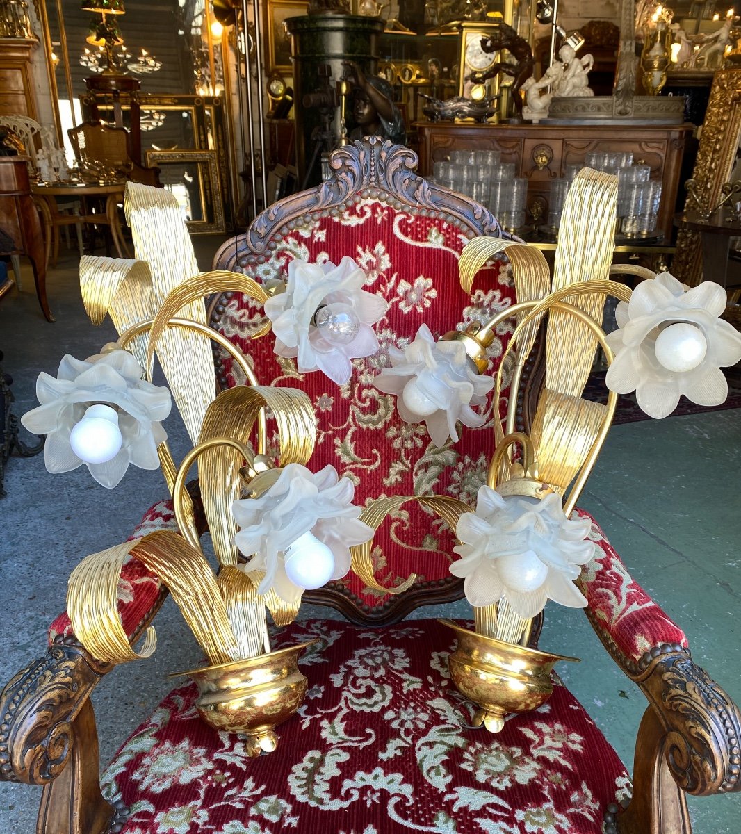 Pair Of Golden Metal Sconces Decorated With Foliage And Glass Flowers