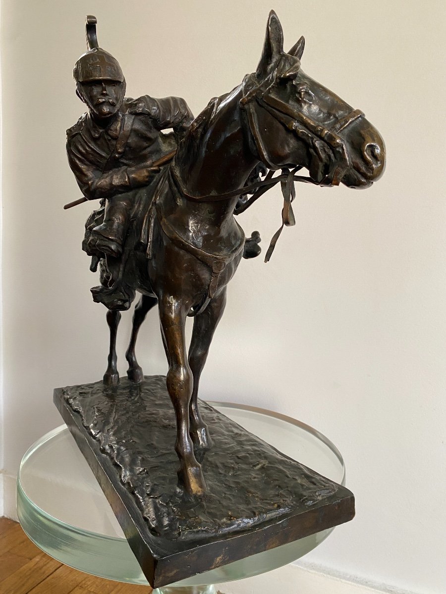 Cavalier à Cheval En Bronze Signé Francesco Ferruccio Crespi (1861-1891) Armée, Savoie, Italie -photo-2