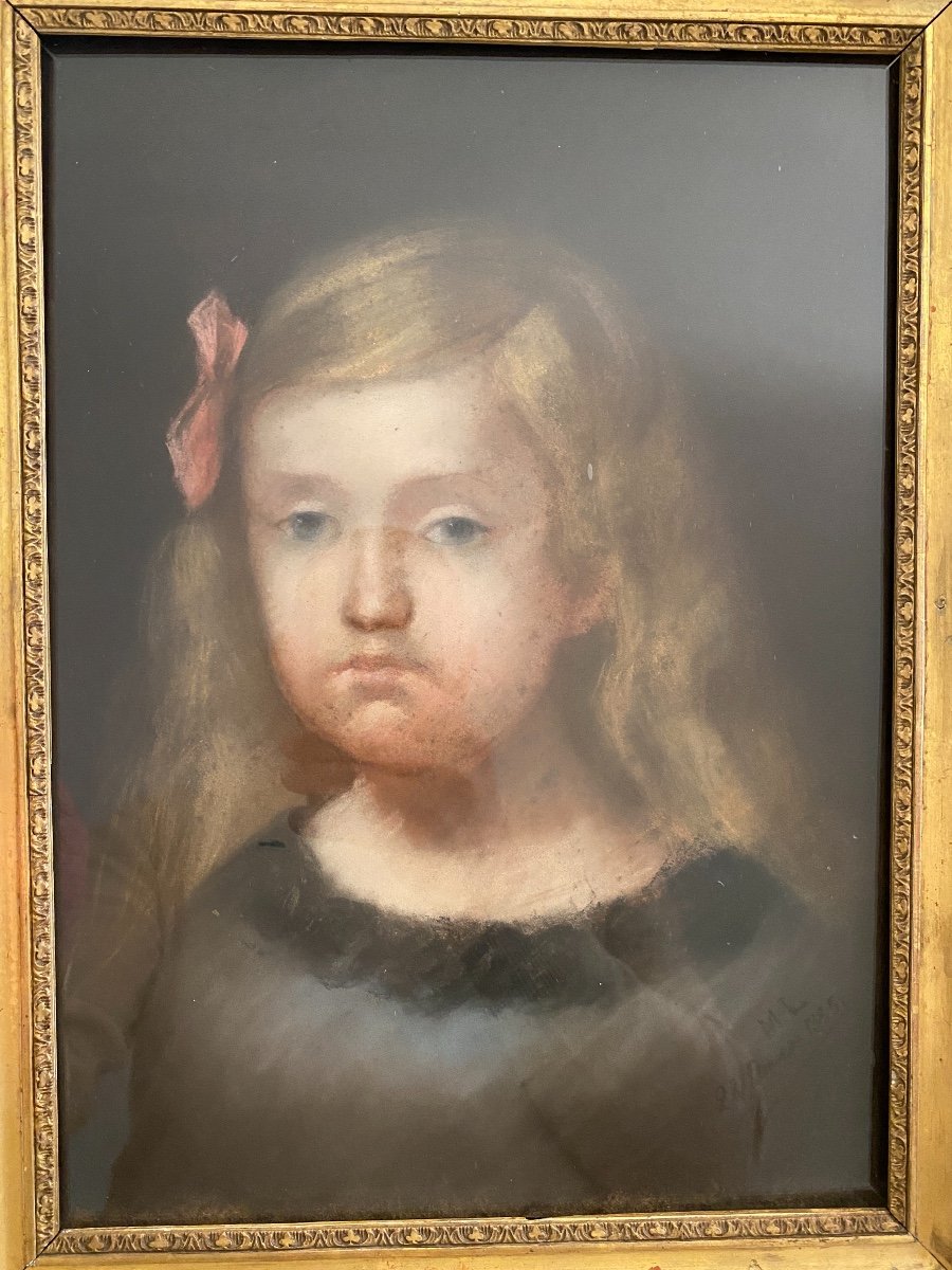 Portrait Of A 19th Century Girl, Old Pastel Monogrammed And Dated-photo-2