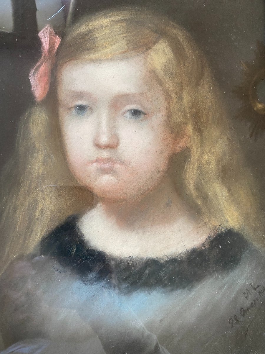 Portrait De Jeune Fille XIXème, Pastel Ancien Monogrammé Et Daté -photo-3