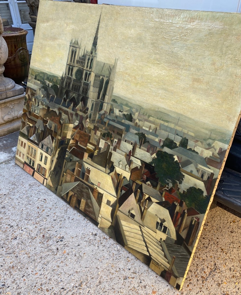 Grande Vue D Amiens Vers 1950, Huile Sur Toile, Somme, Cathédrale,Toitures -photo-4