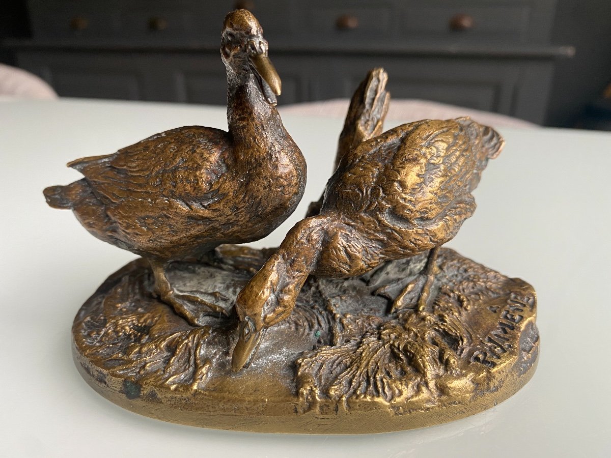 Deux Canards En Bronze Sur Socle, Signé Pierre-jules Mène (1810-1879)-photo-3