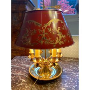 Hot Water Bottle Lamp In Bronze With 6 Lights, Red Sheet Shade