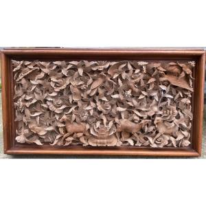Large Carved Wooden Panel Decorated With Foliage And Animals