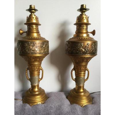 Pair Of Oil Lamps In Bronze Nineteenth, Empire / Neoclassical Style