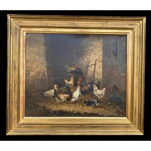 Farmyard Scene, Hens, Signed Raymond Noël Esbrat (1809-1856).