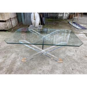 Table Basse Pied En X  Plexiglass Et Plateau Verre épais Vers 1980