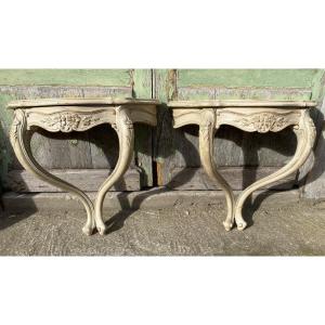Pair Of Small Wall Consoles, Louis XV Style, Cream Lacquered 