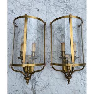 Large Pair Of Louis XVI Style Half-lantern Sconces In Brass 