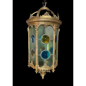 Lantern In Bronze And Stained Glass, Louis XVI Style, Napoleon III Period 