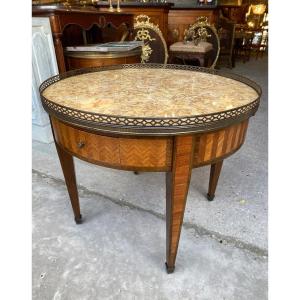 Table Bouillotte Basse De Style Louis XVI, En Marqueterie D’acajou Et Bois De Rose 