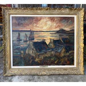 Tableau Breton Ancien, Vue De Paimpol En 1926 Signé, Bretagne, marine…