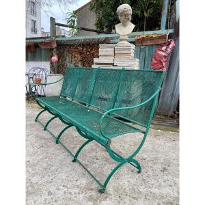 Large Banc De Jardin XIXème En Fer Forgé Et Maille Métallique Tressée 