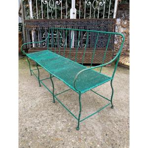 19th Century Wrought Iron Garden Bench, Iron Mesh Seat