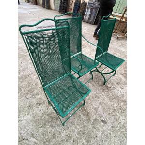 1 Fauteuil Et 2 Chaises De Jardin XIXème , En Fer Forgé, Assises Et Dossiers En Fer Tressés 