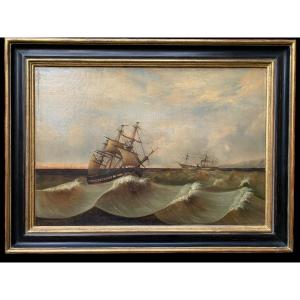 Large 19th Century Marine, Signed And Dated 1845, Sailboat, Pyroscaphe 