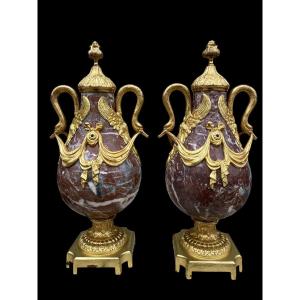 Pair Of Louis XVI Style Cassolettes In Marble And Gilded Bronze, Napoleon III Period 