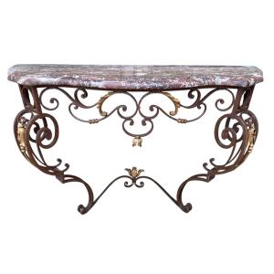 Louis XV Style Wrought Iron Console, Marble Top 