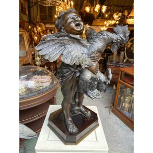 19th Century Bronze Sculpture, “young Girl With Rooster” Signed Adriano Cecioni (1838-1886), And Founder