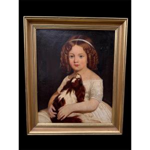 Portrait De Jeune Fille Au Cavalier King Charles , époque XIXème, signé, daté, Chien, Animaux…