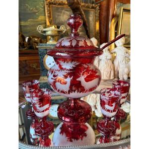 Red And White Bohemian Crystal Punch Service, 20th Century 