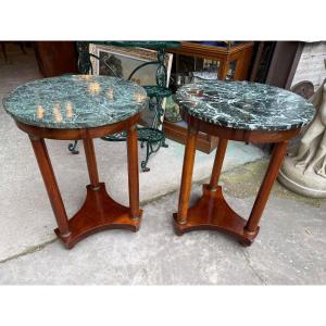 Pair Of Round Mahogany Gueridons, Empire Style, Green Marble Top 