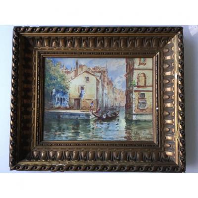 Aquarelle Ancienne Signée, Venise, Italie, Cadre Doré
