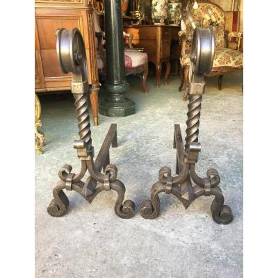 Pair Of Wrought Iron Andirons Old