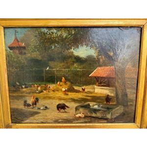 Oil On Panel 19th Century, Signed Farmyard Scene, Chickens, Ducks…