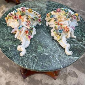 Pair Of Italian Porcelain Consoles From Capodimonte, Naples 