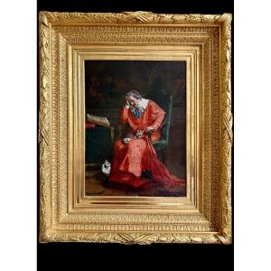 Portrait Of Cardinal Richelieu And His Cats, Oil On Canvas, 19th Century, May, Gilded Frame 